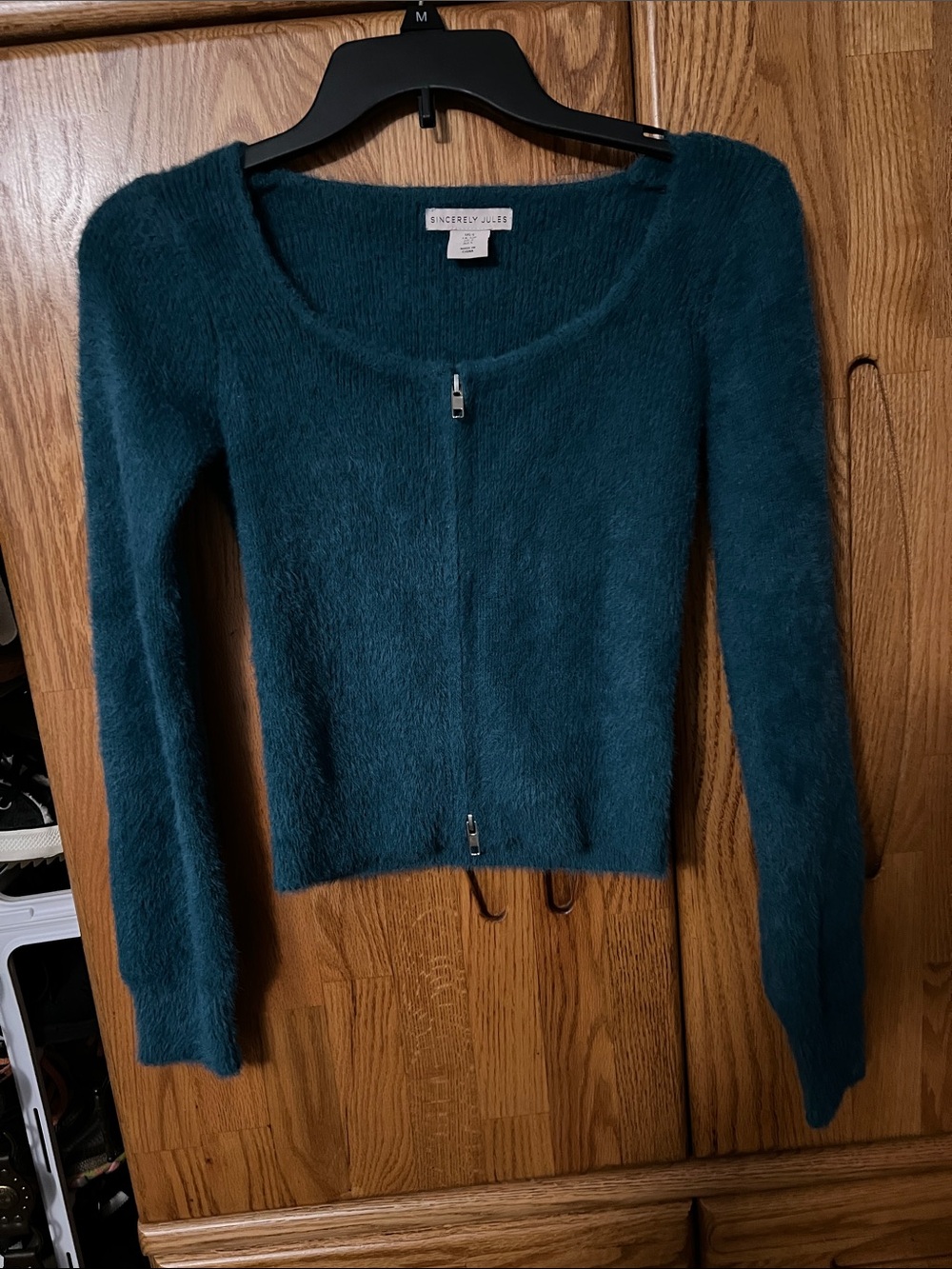 Sincerely Jules size small fuzzy double zip teal green sweater - Picture 1 of 5
